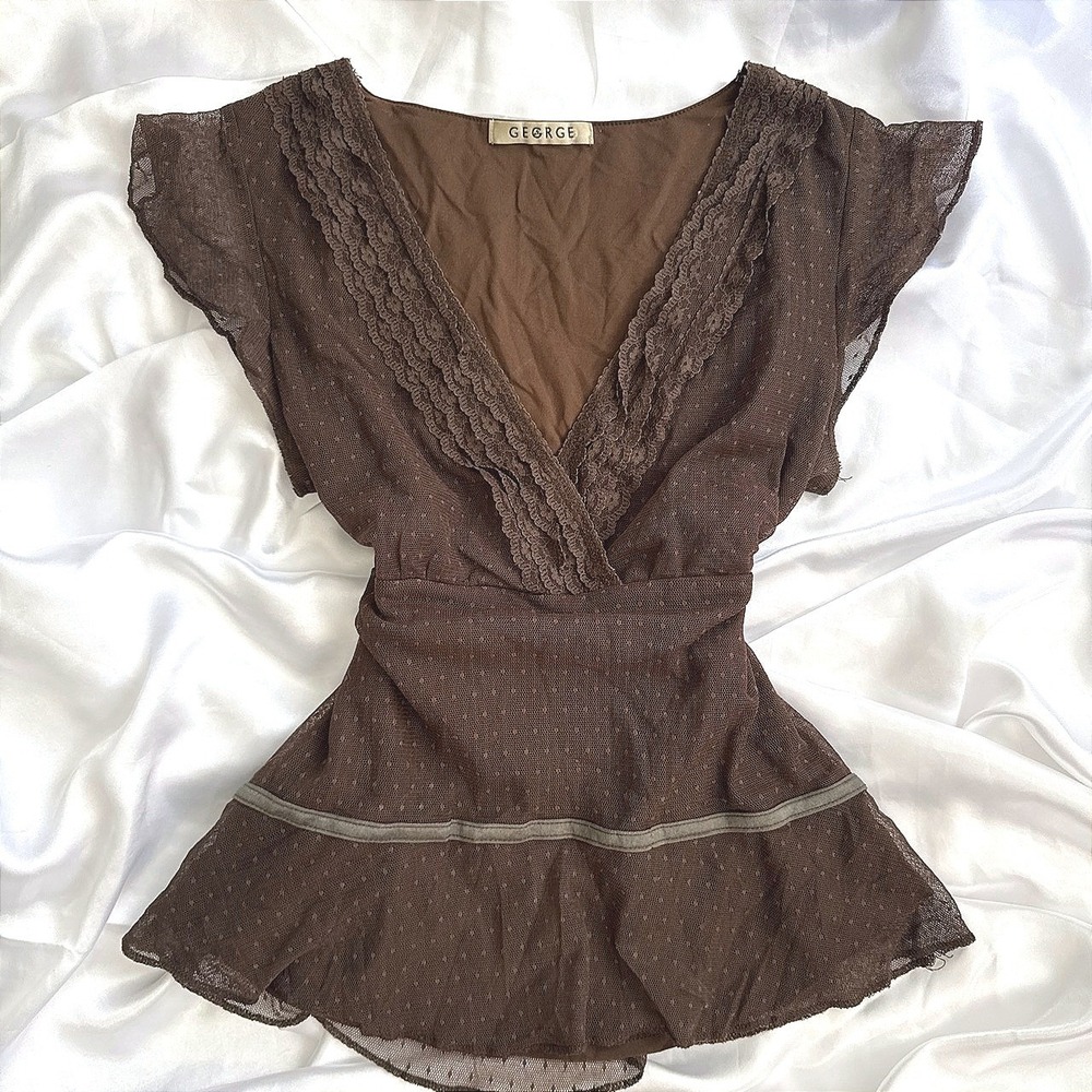 George Brown Mesh Lace Trim V-Neck Peplum Blouse Cap Sleeve Fairycore Top UK 10